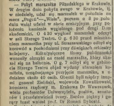 "Czas" o wizycie J. Piłsudskiego na meczu Wisła-Pogoń. 16 Listopada 1924.