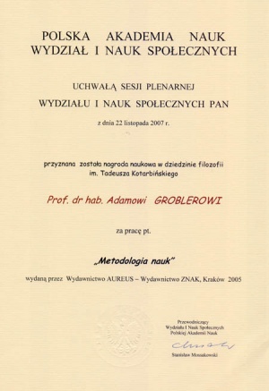 Nagroda im. Tadeusza Kotarbińskiego za książkę "Metodologia nauk".