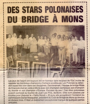 Artykuł o wiślackich gwiazdach brydża na pierwszej stronie belgijskiej gazety "La province"