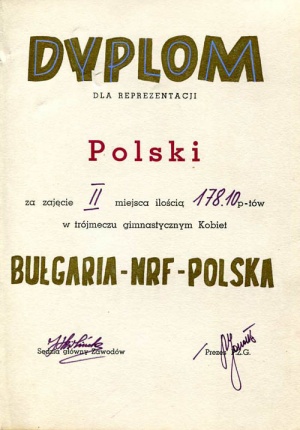 Dyplom Barbary Zięby z trójmeczu Bułgaria - NRF - Polska 1971.