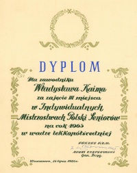 Dyplom za brązowy medal Mistrzostw Polski 1963.Ze zbiorów prywatnych Haliny i Władysława Kaimów.