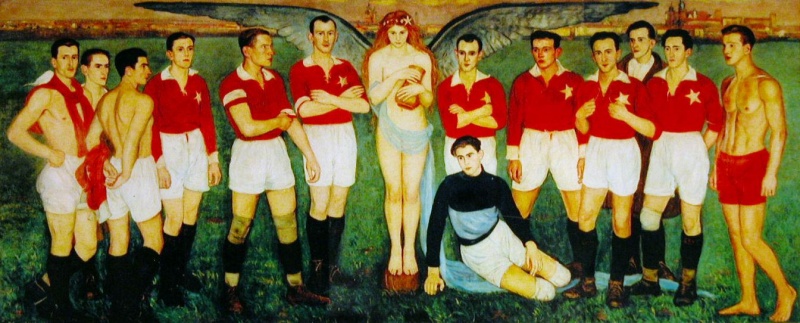 Obraz (210 x 488 cm) upamiętniający zdobywców Pucharu Polski 1926. Reyman piąty od lewej.